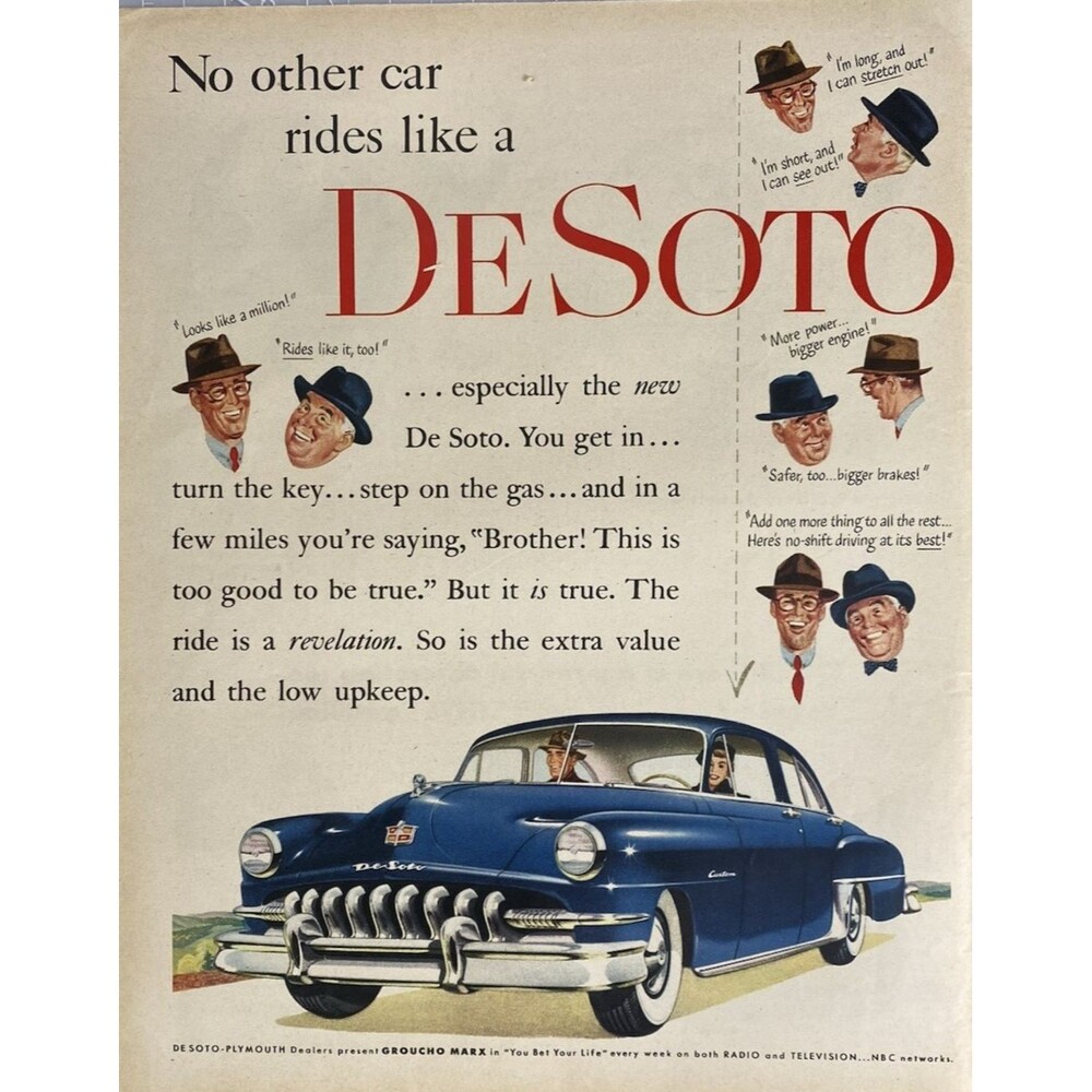 DeSoto "No Other Car Rides Like a Desoto" Groucho Mark Vintage Print Ad 1951
